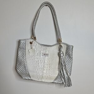 Madi Claire Croc Embossed Silver and White Tote Bag
